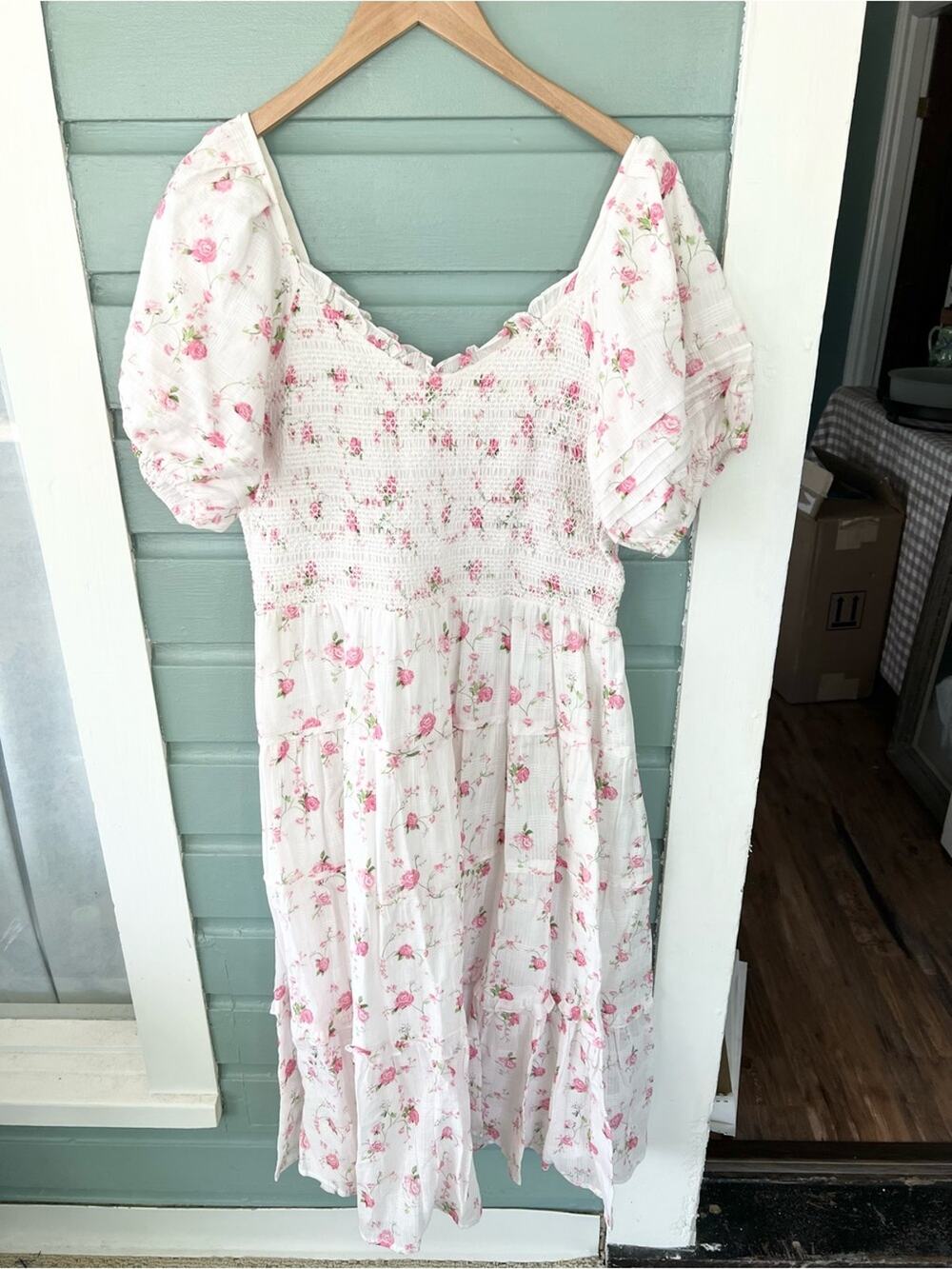 Ivy city white pink floral rose print dress smocked cottagecore cotton fairy XL